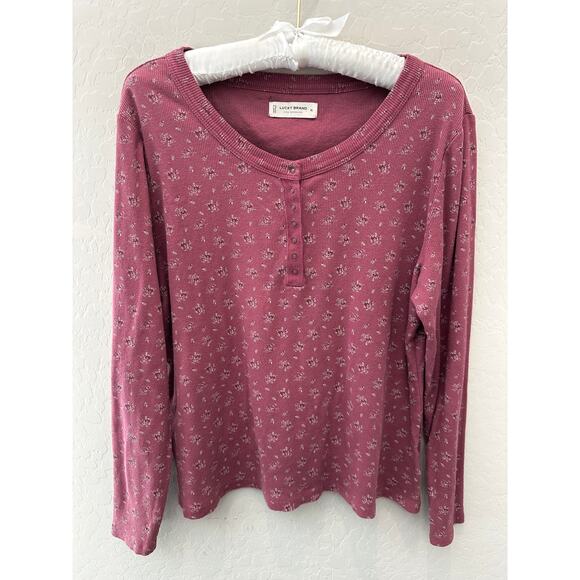 LUCKY BRAND | Thermal Henley Top Floral Print Long Sleeve Cotton Pink | XL - Picture 1 of 6